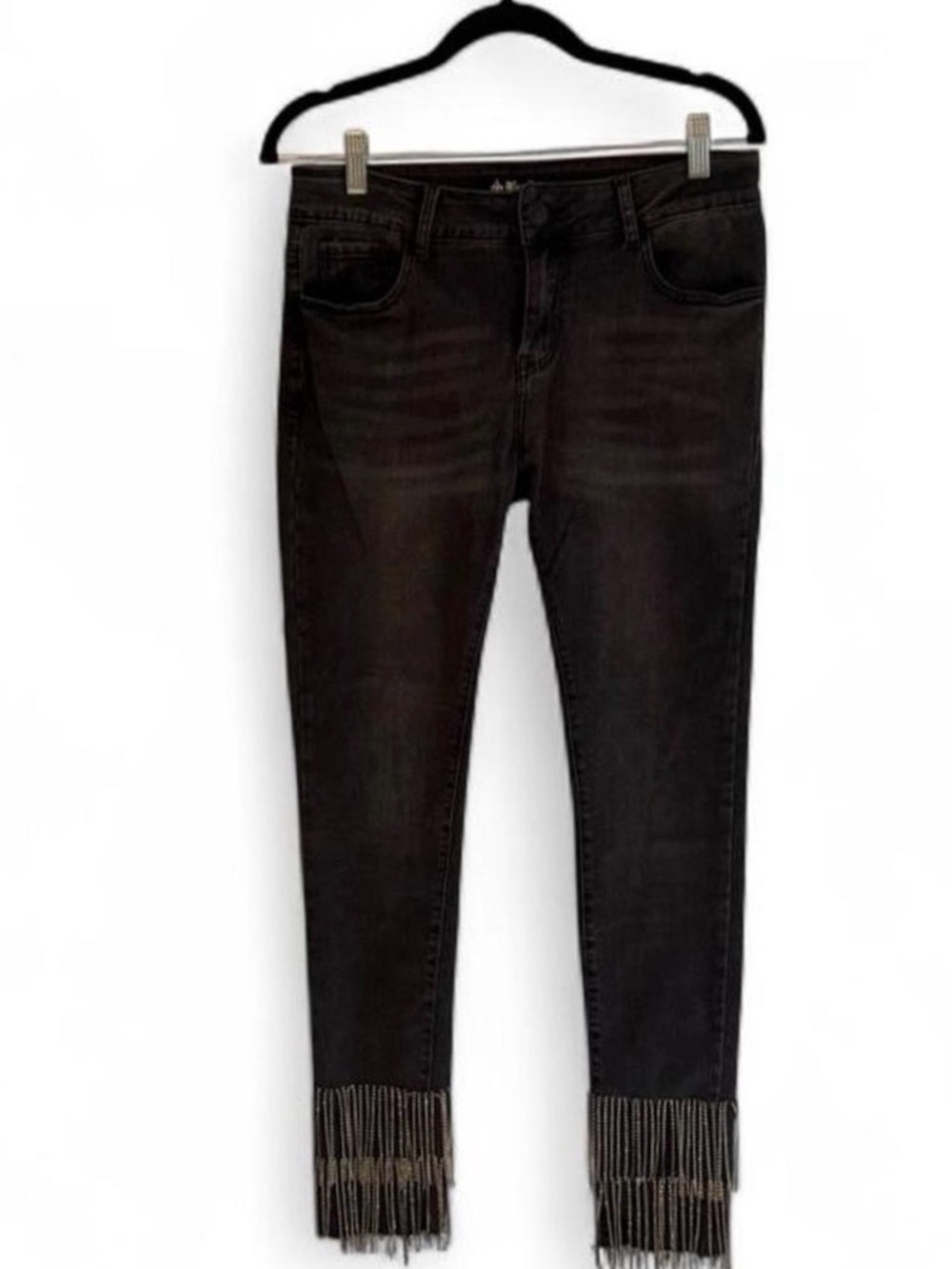 Rhinestone Fringed Hem Black Women's Jeans